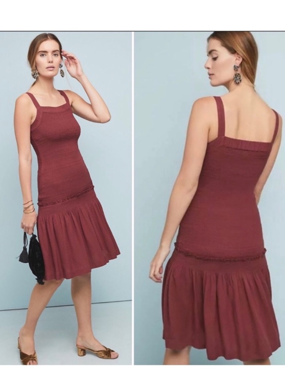 ANTHROPOLOGIE Escondido Wine Drop Waist Smocked Flounced Hem Dress Size Small